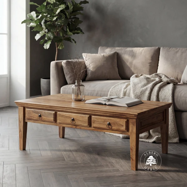 Klasyczna duża drewniana ława kawowa z szufladami
