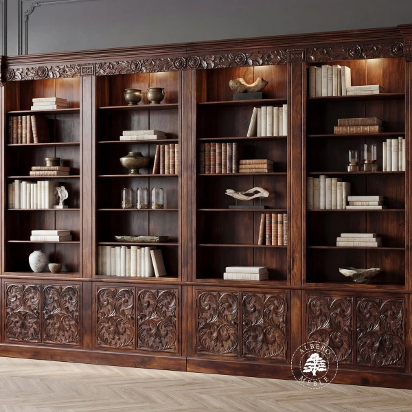 Stylizowana Biblioteka z Drewna z Ręcznie Rzeźbionymi Elem