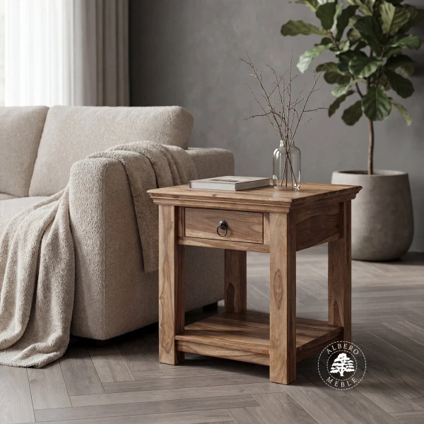 Wysoki stolik kawowy z klasycznym gzymsem wykonany z drewna